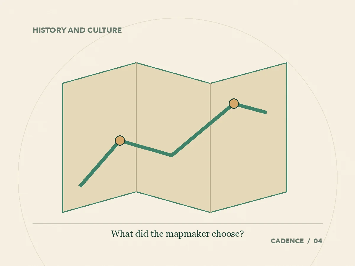 A folded map with a route and two marked places raises the question of what its maker chose to show.
