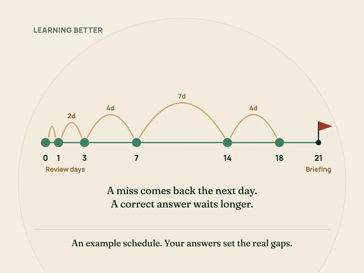 Reviews on days 0, 1, 3, 7, 14 and 18 before a briefing on day 21: gaps grow while answers stay correct, with a final pass three days before.