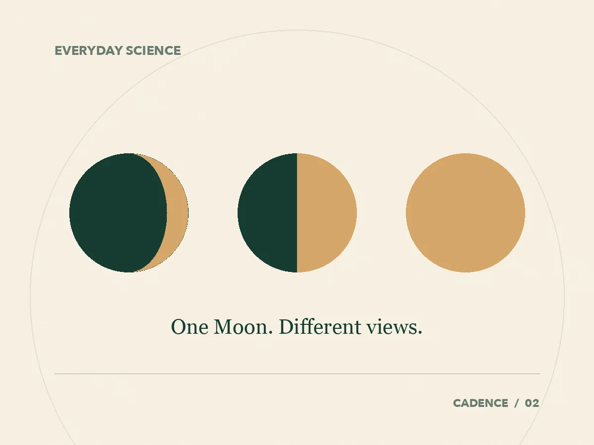 Three views of the Moon's illuminated surface: crescent, half and full.