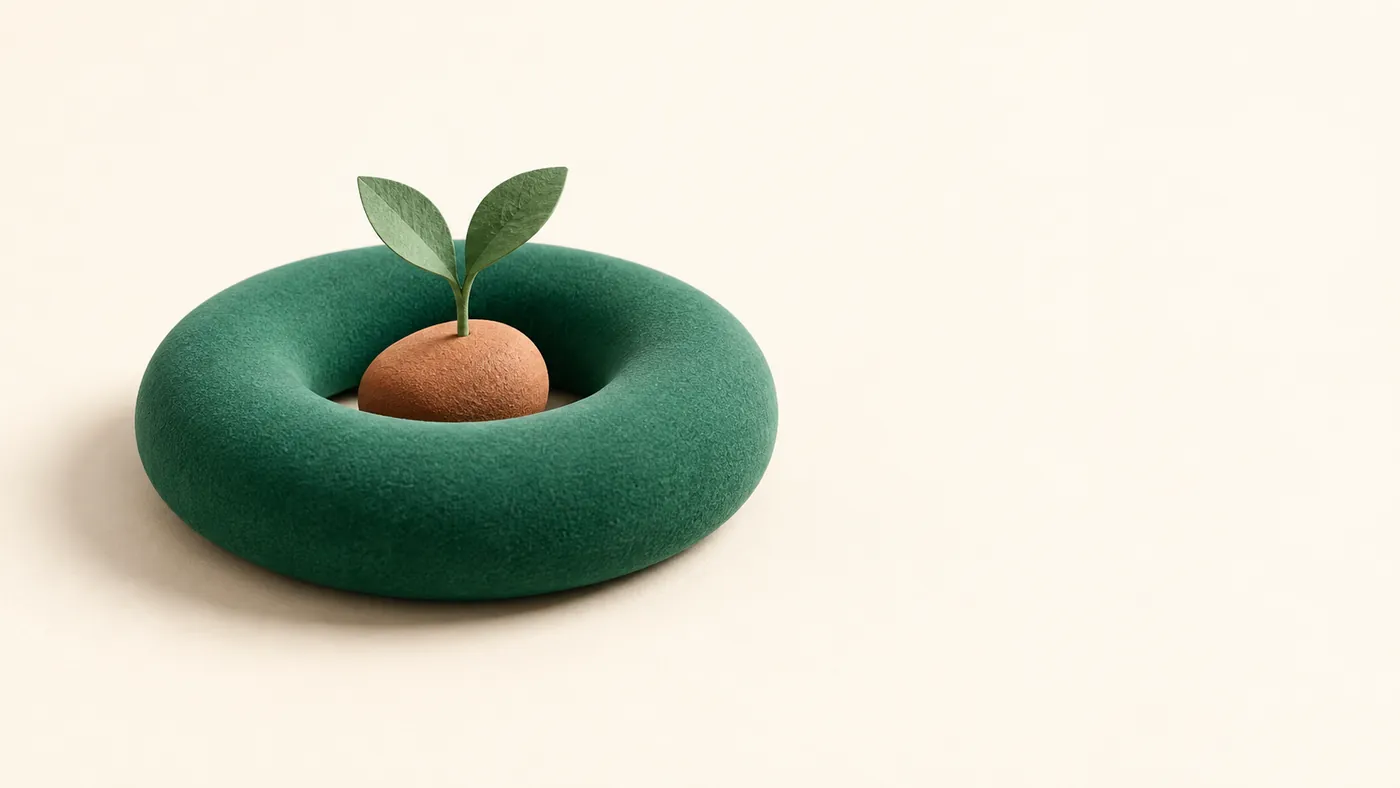 A sprout growing from a stone inside a soft ring that protects it.