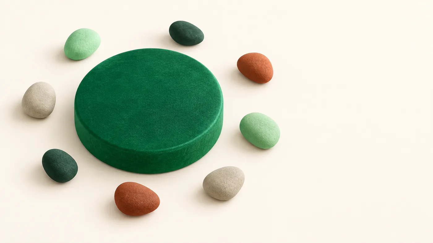 One solid disc held in the middle while small stones scatter around it.