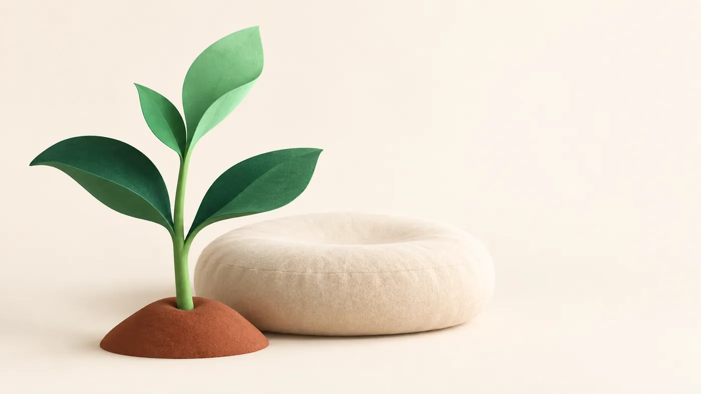 A green sprout growing beside a soft cushion, growth that leaves room for rest.