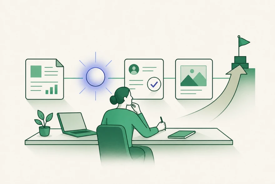 A professional reviews an AI-assisted workflow leading to a checked portfolio and career goal.