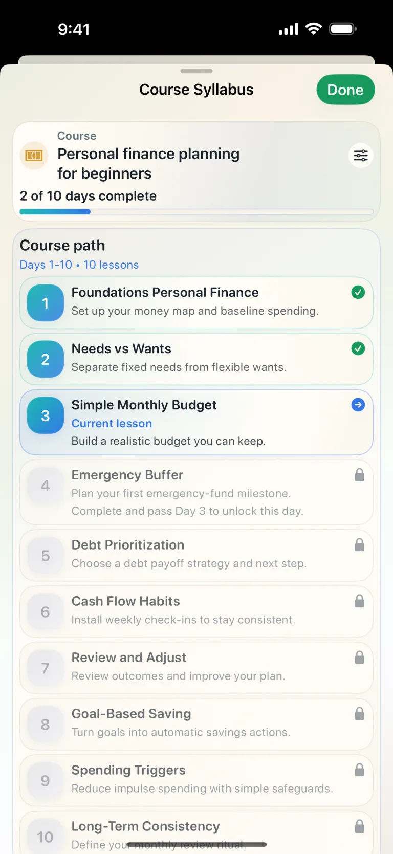 Cadence syllabus screen showing a course broken into short day-by-day lessons with progress.