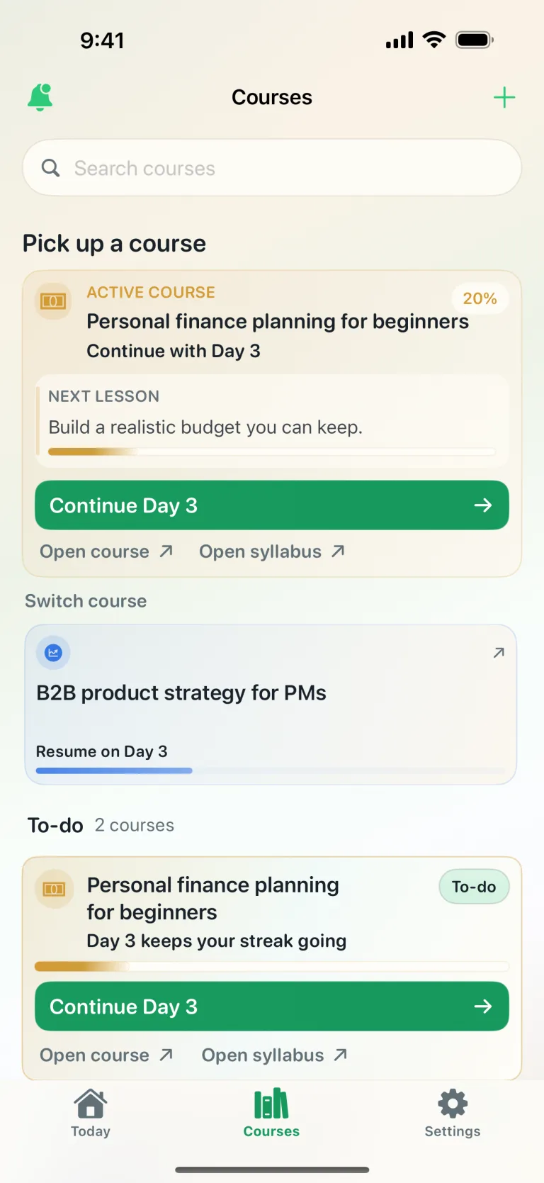 Cadence Courses screen with an active course, a second course to switch to, and the next step for each.