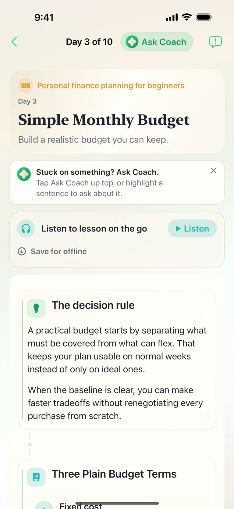 Cadence lesson open with audio narration, Save for offline listening, and the Ask Coach button.