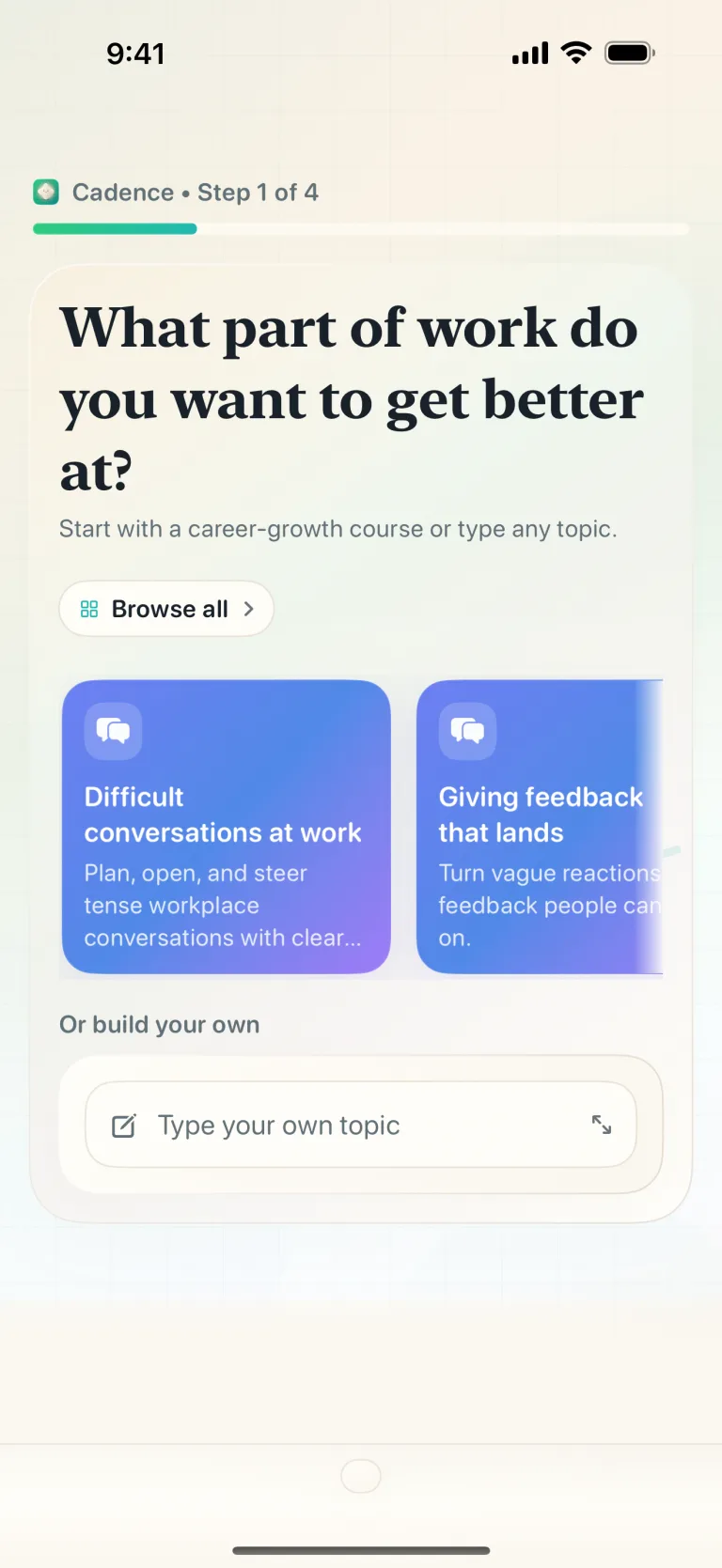 Cadence onboarding screen asking you to describe the course you want, with starter courses to browse.