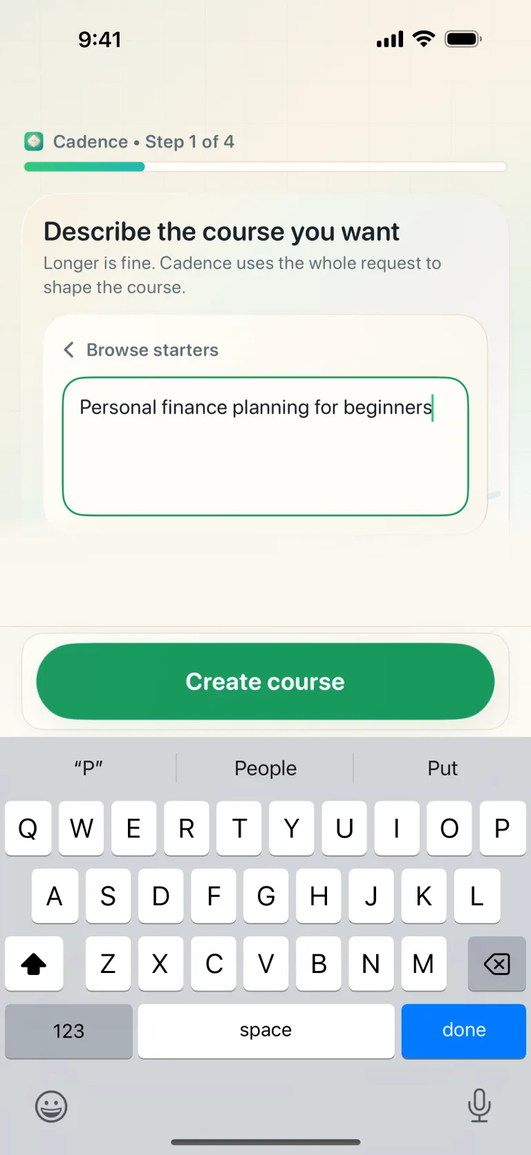 Cadence onboarding screen with a custom course topic typed out, ready to create.