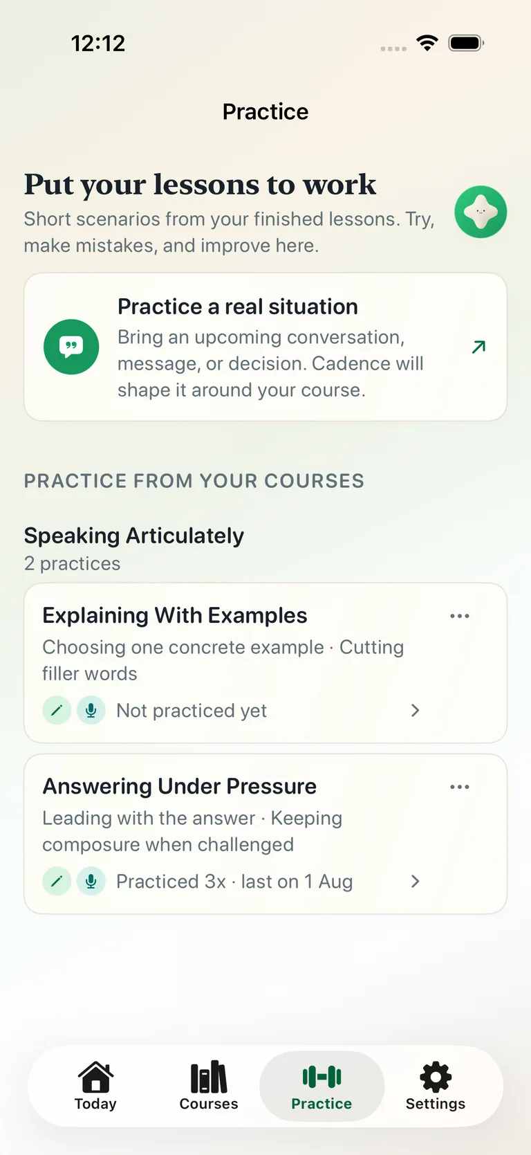 Cadence Practice tab showing role-play scenarios built from finished lessons.