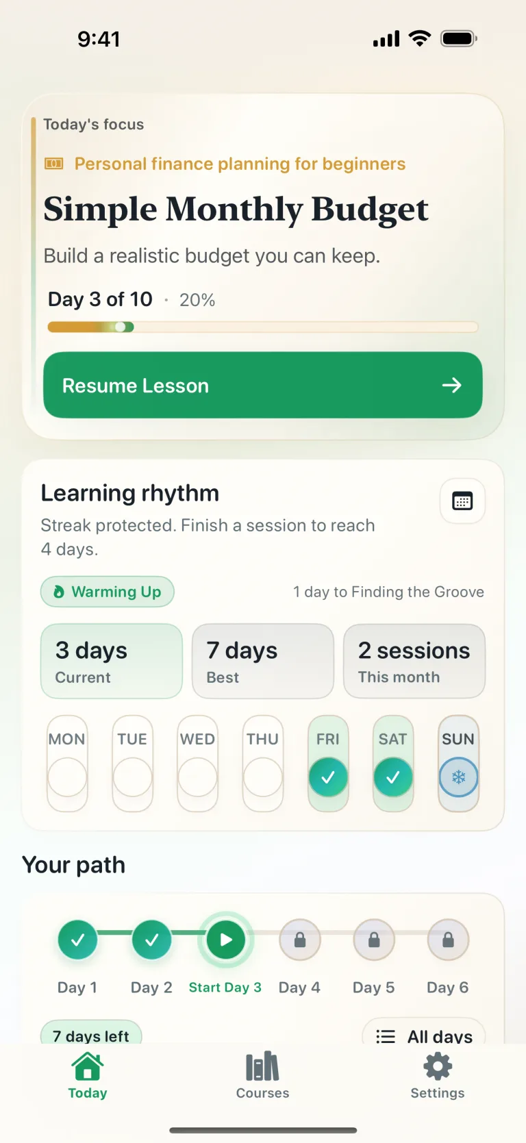 Cadence home screen with the next lesson ready to resume, your streak, and the course path.