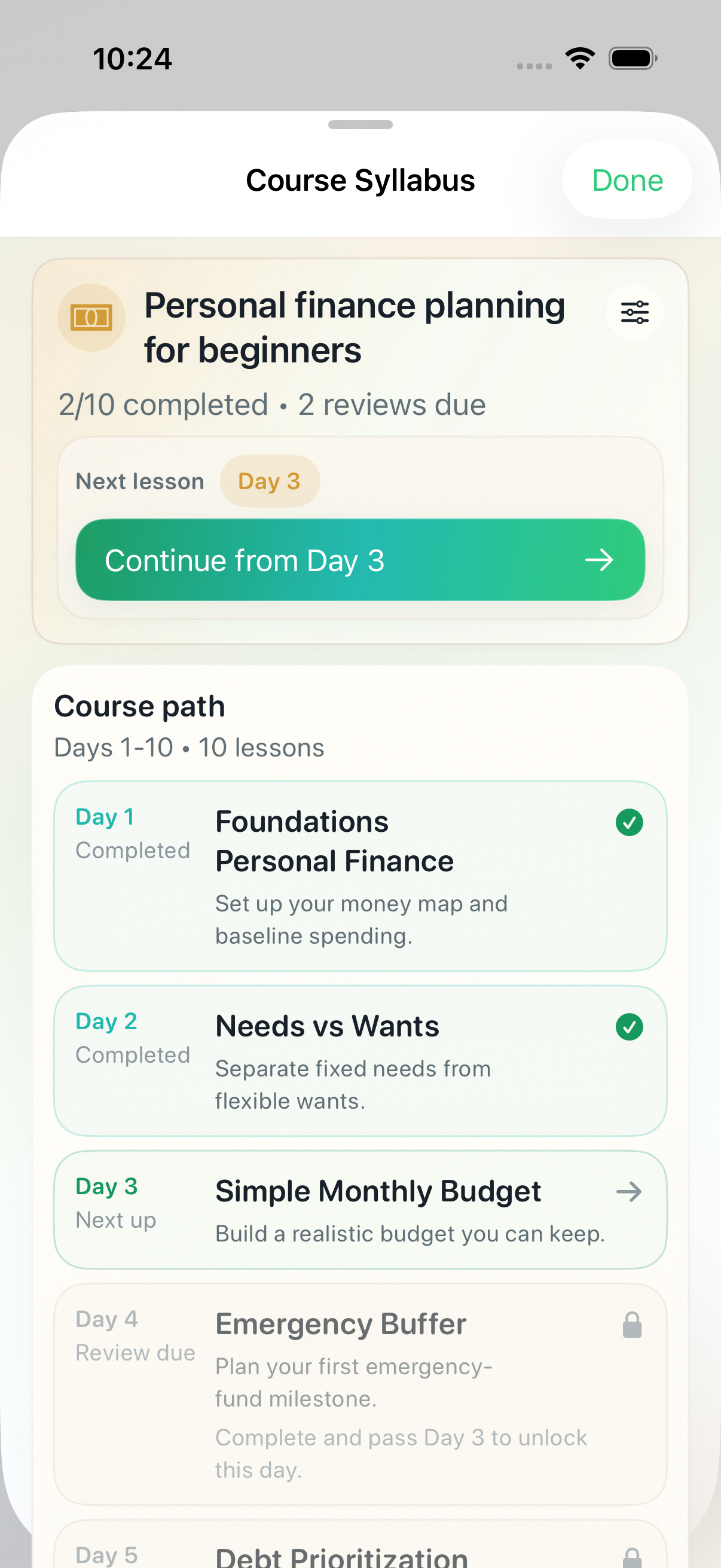 Cadence syllabus screen showing a day-by-day learning path.