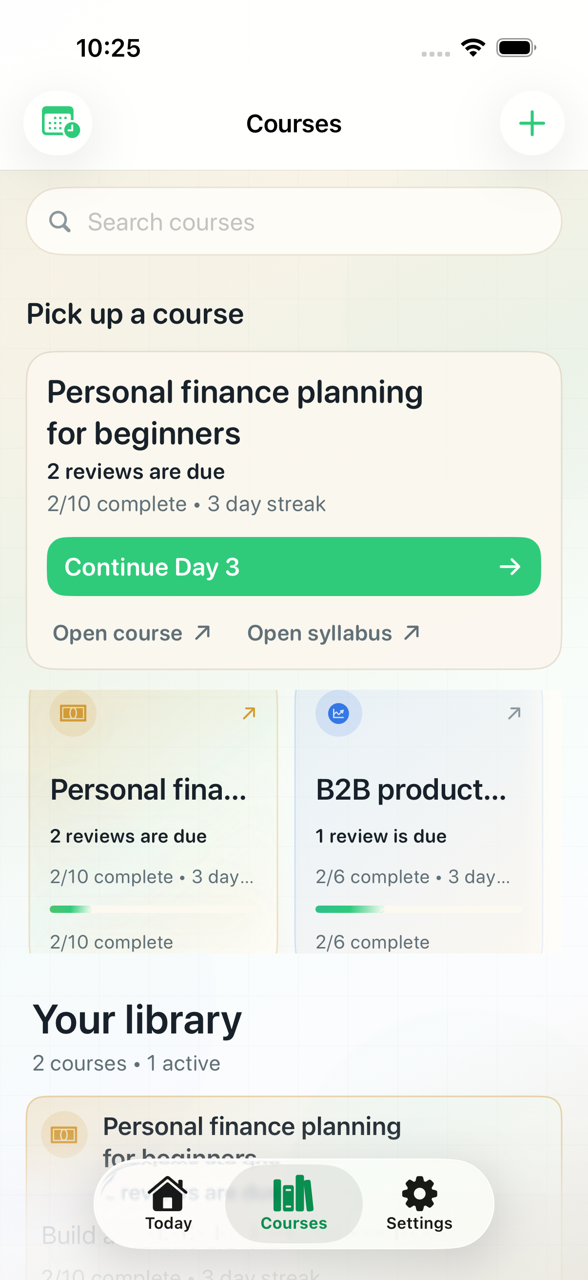 Cadence Courses screen showing active paths, progress, and the current library.