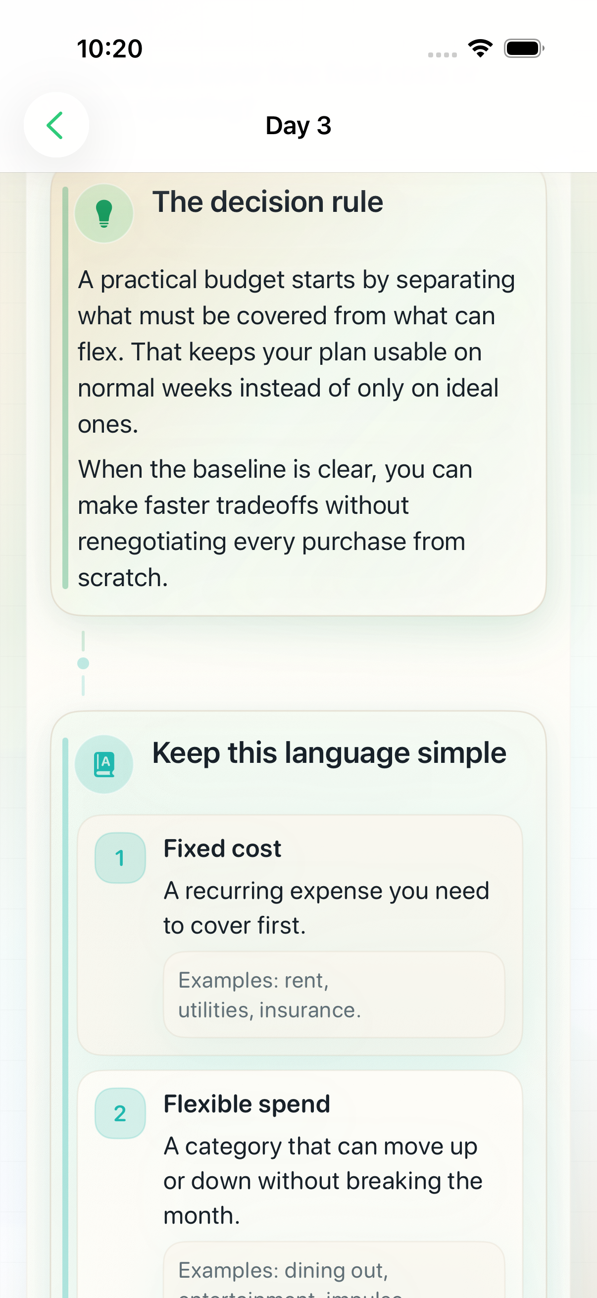 Cadence lesson screen showing today's lesson ready to continue.