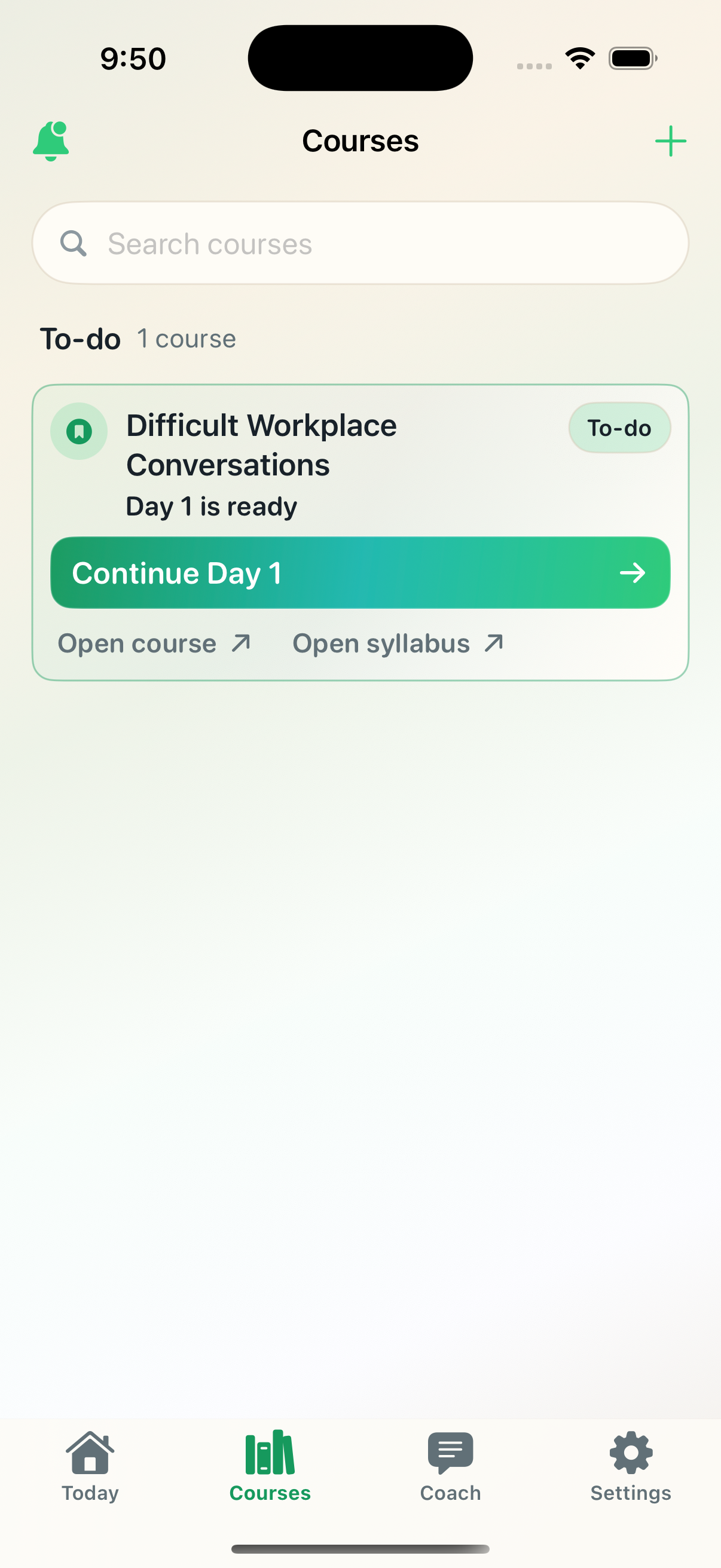 Cadence Courses screen showing active career growth courses with progress and next-up actions.