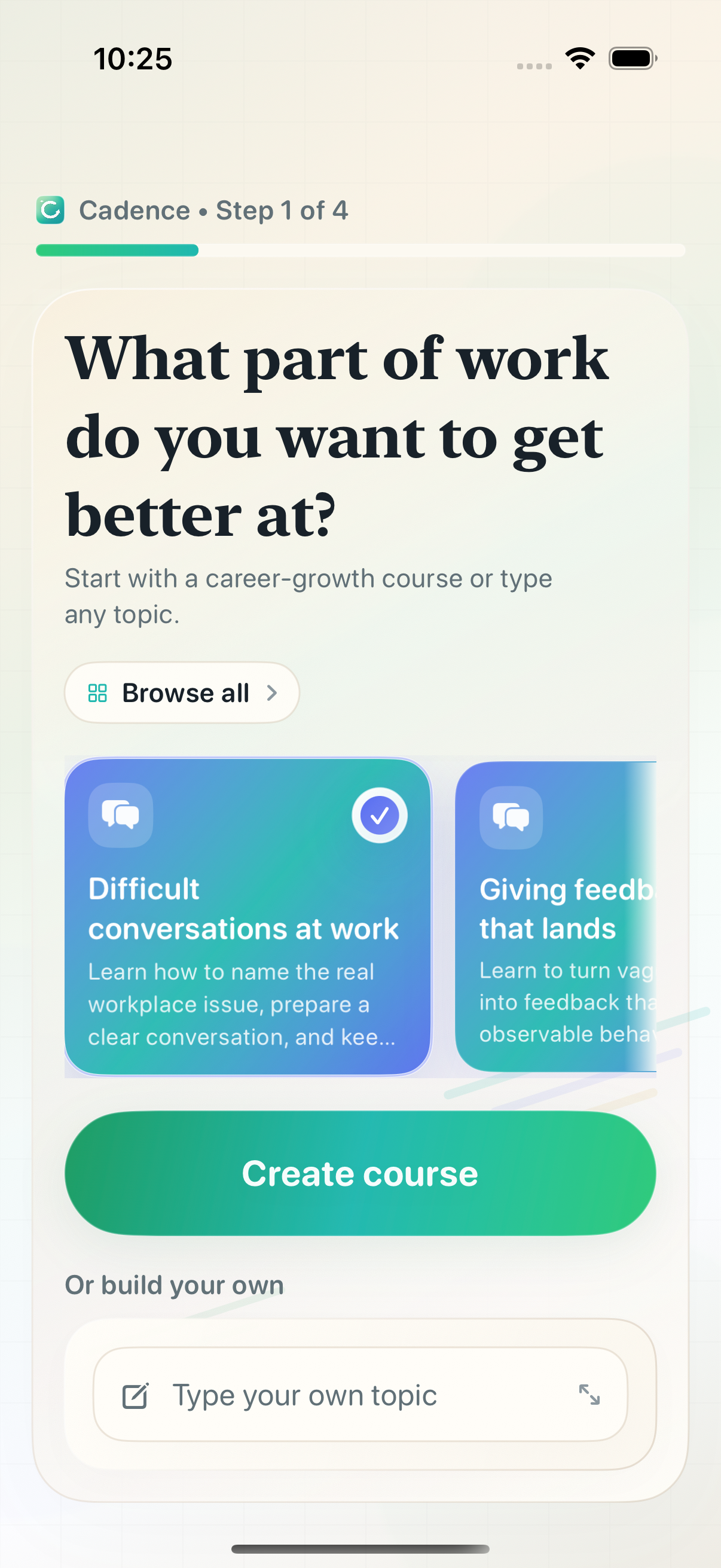 Cadence onboarding screen with a career growth starter course selected.