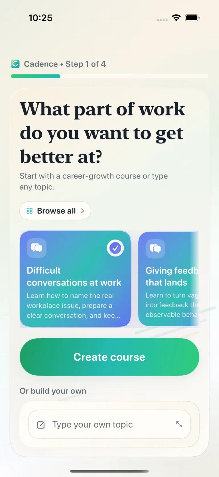 Cadence onboarding screen with a career growth starter course selected.