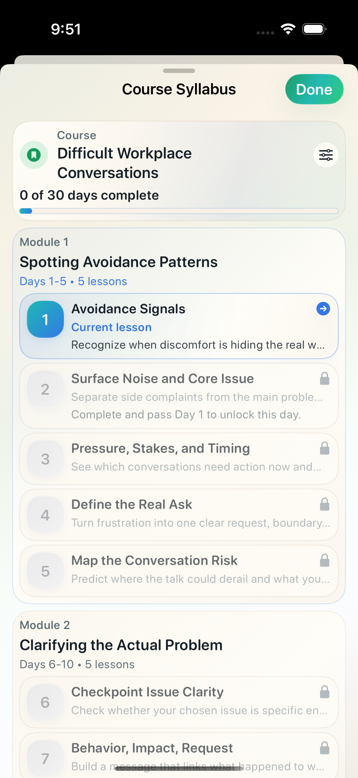 Cadence syllabus screen showing a career growth course broken into short day-by-day lessons.