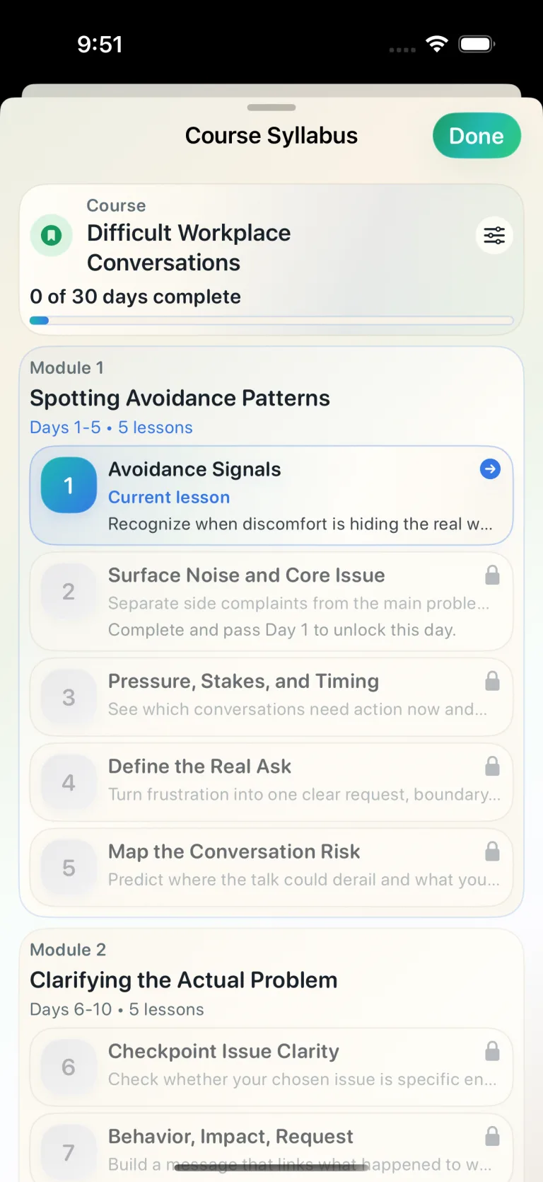Cadence syllabus screen showing a career growth course broken into short day-by-day lessons.