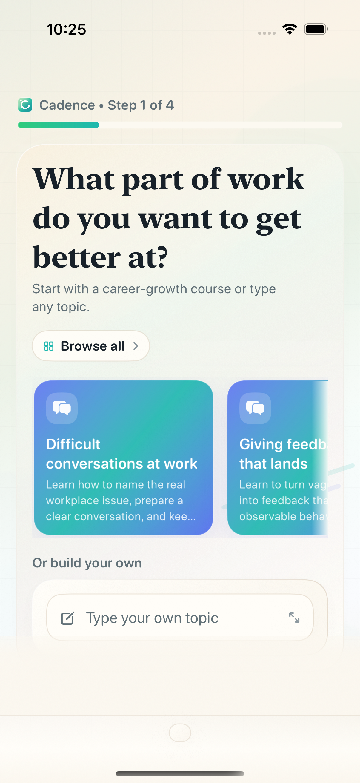 Cadence onboarding screen showing career and growth starter recommendations.