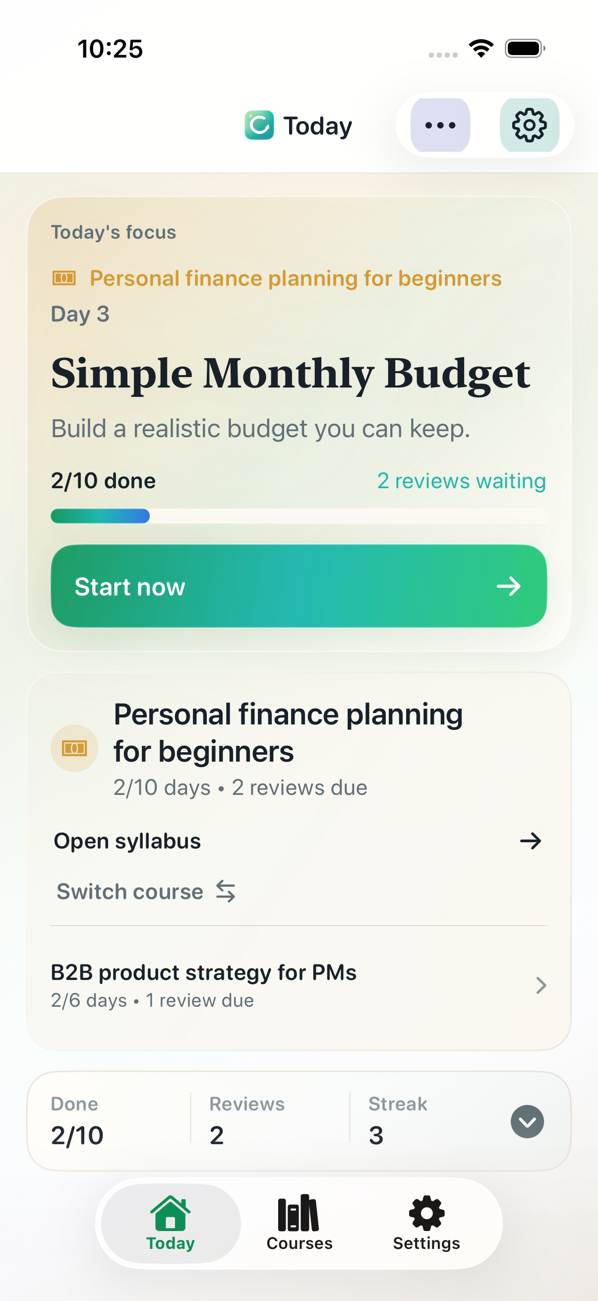 Cadence Today screen showing the recommended next lesson and next step.